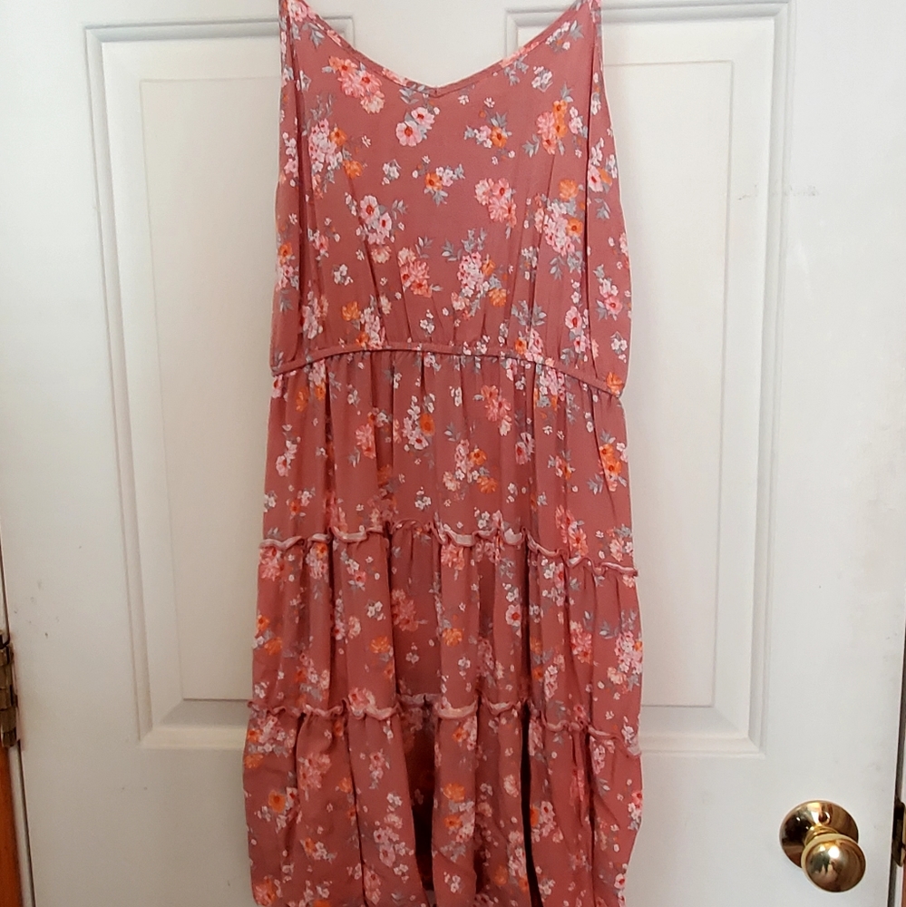 Pink rose blush colored with orange and pink flower accents small tier dress.